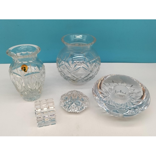 478 - Waterford Crystal Items (5) to include Candle Holder, Paperweights, Vases. Tallest 15cm.