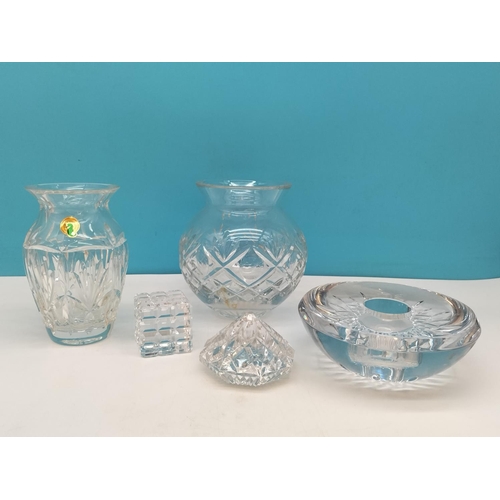 478 - Waterford Crystal Items (5) to include Candle Holder, Paperweights, Vases. Tallest 15cm.