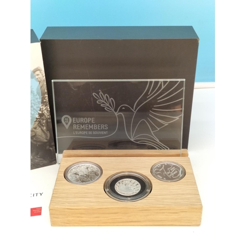 25 - Boxed Royal Dutch Mint 'Europe Remembers' Silver 2 Coin Set with Oak Coin Holder and Glass Commemora... 