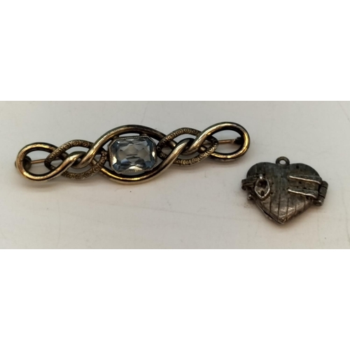 273 - Late Victorian Pinchbeck Aqua Stone Brooch plus White Metal Heart Shaped Locket.