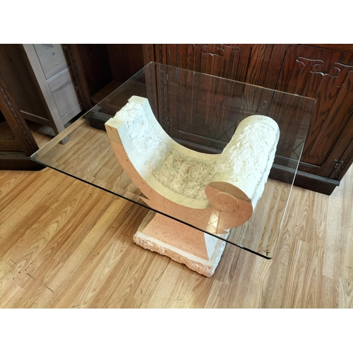 342 - Mactan Stone Bevel Edged Glass Top Table. 57cm High, 66cm x 66cm. Collection Only.