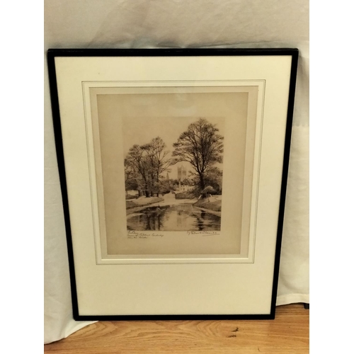 343 - Framed Etching Print by Edward Slocombe 'The Cam (River), The Tower of St John's Cambridge from the ... 