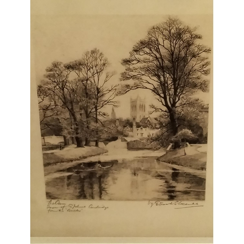 343 - Framed Etching Print by Edward Slocombe 'The Cam (River), The Tower of St John's Cambridge from the ... 