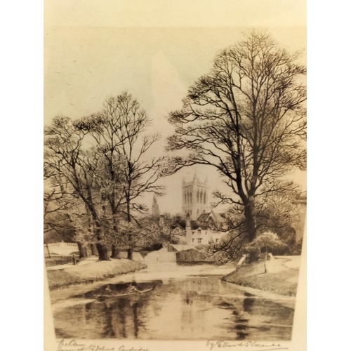 343 - Framed Etching Print by Edward Slocombe 'The Cam (River), The Tower of St John's Cambridge from the ... 