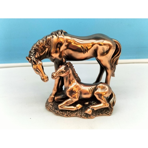 347 - Copper Effect Horse and Foal Figure. 17cm High x 20cm