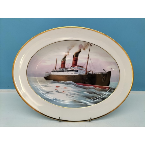 351 - Minton China Oval Hand Painted Ship Plate by J Kalisz. 34cm x 27cm.