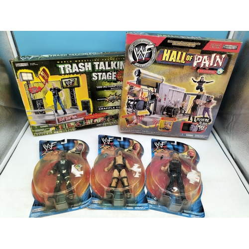 98 - WWF Boxed Play Sets (2), Trash Talkin Stage and Hall of Pain plus Boxed Rebellion 3 Figures (3), Ste... 