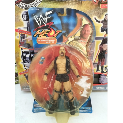 98 - WWF Boxed Play Sets (2), Trash Talkin Stage and Hall of Pain plus Boxed Rebellion 3 Figures (3), Ste... 