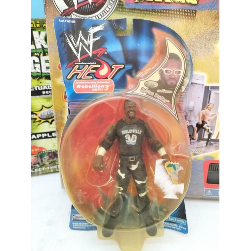 98 - WWF Boxed Play Sets (2), Trash Talkin Stage and Hall of Pain plus Boxed Rebellion 3 Figures (3), Ste... 