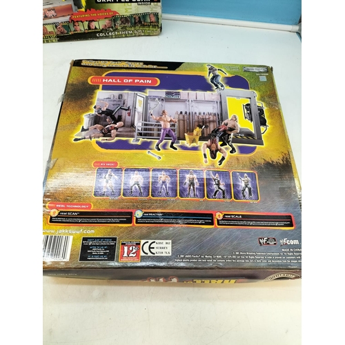 98 - WWF Boxed Play Sets (2), Trash Talkin Stage and Hall of Pain plus Boxed Rebellion 3 Figures (3), Ste... 