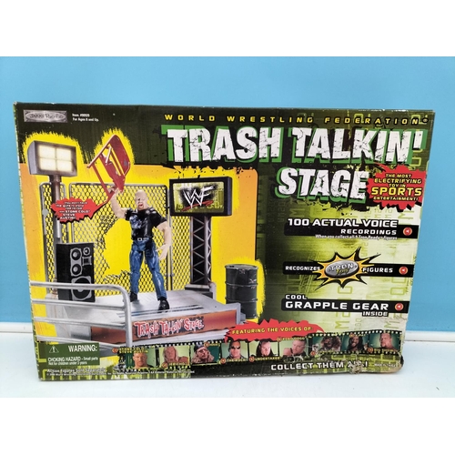 98 - WWF Boxed Play Sets (2), Trash Talkin Stage and Hall of Pain plus Boxed Rebellion 3 Figures (3), Ste... 