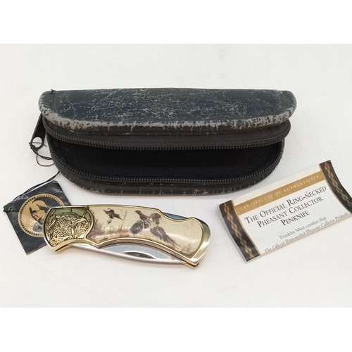 123 - Franklin Mint Official 'Ring Necked Pheasant' Collectors Penknife in Case with Certificate. Some Wea... 