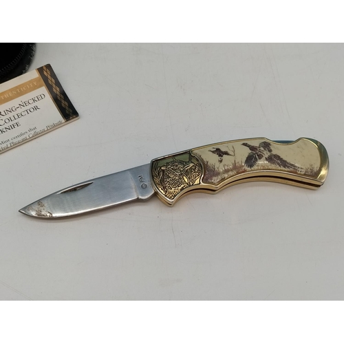 123 - Franklin Mint Official 'Ring Necked Pheasant' Collectors Penknife in Case with Certificate. Some Wea... 