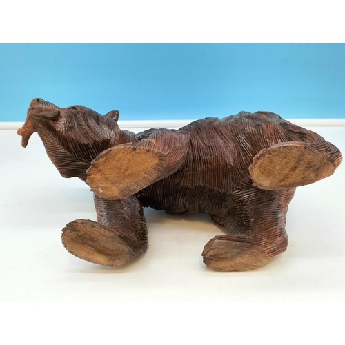 173 - Hand Carved Wooden Bear with Fish. 16cm High, 29cm x 14cm.