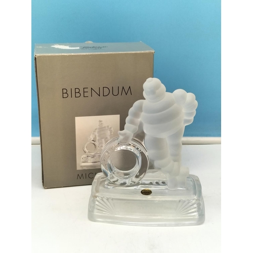 174 - Boxed Bibendum Crystal d'Arques Glass 'Michelin' Man Statue. 18cm High, 15cm x 8cm.