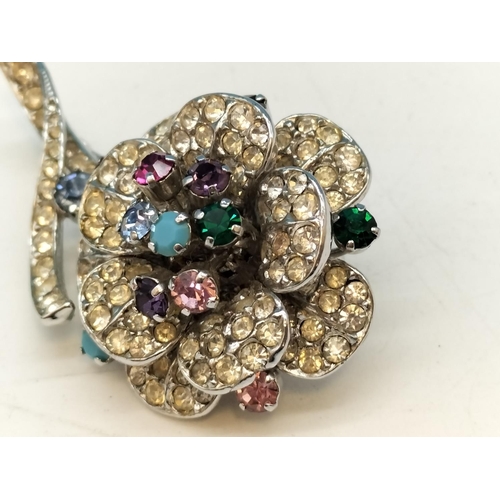 185A - Floral Brooch with Multi Coloured and Clear Stones. Stamped Austria. 5cm x 3cm.