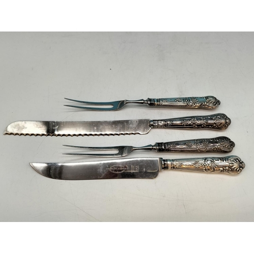 190A - Sterling Silver Handled Stainless Steel Meat Forks (2), Bread Knife plus Other Knife.