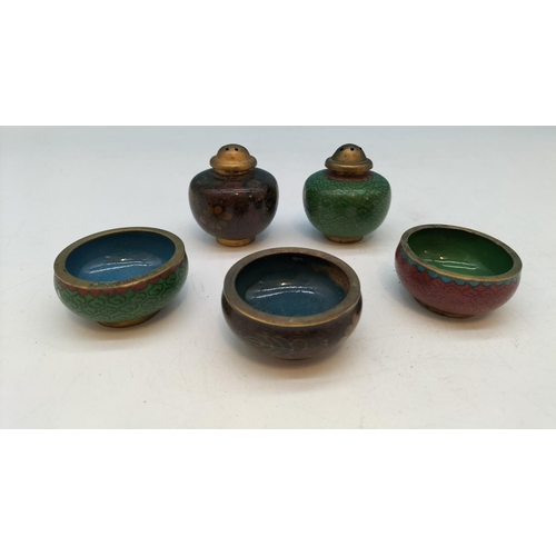 235A - Cloisionne Pepper Pots (2) plus Miniature Bowls (3).