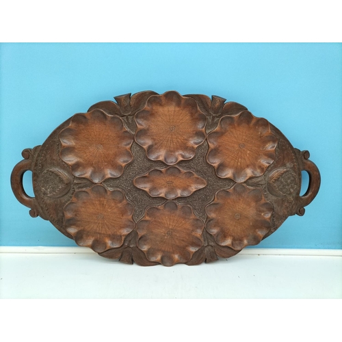 330A - Hand Carved Chinese Lily Pad Design Tray. Marked 'Ehlon' to Back. 58cm x 33cm.