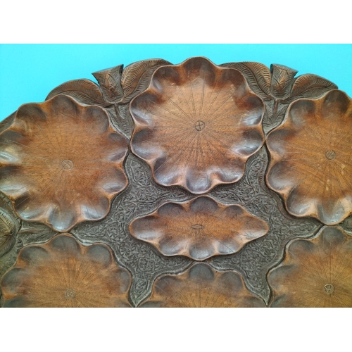 330A - Hand Carved Chinese Lily Pad Design Tray. Marked 'Ehlon' to Back. 58cm x 33cm.