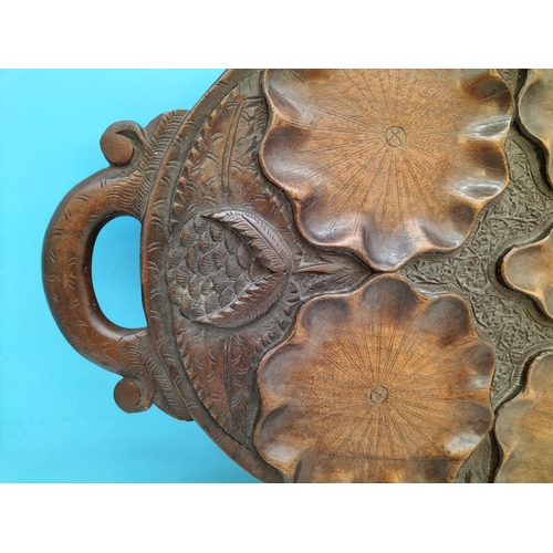 330A - Hand Carved Chinese Lily Pad Design Tray. Marked 'Ehlon' to Back. 58cm x 33cm.