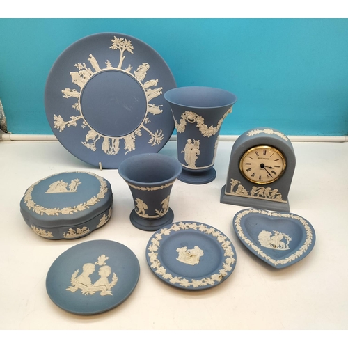 65A - Collection of Wedgwood Jasper Items to include 24cm Plate, Mantel Clock, 14.5cm Trumpet Vase and Tri... 