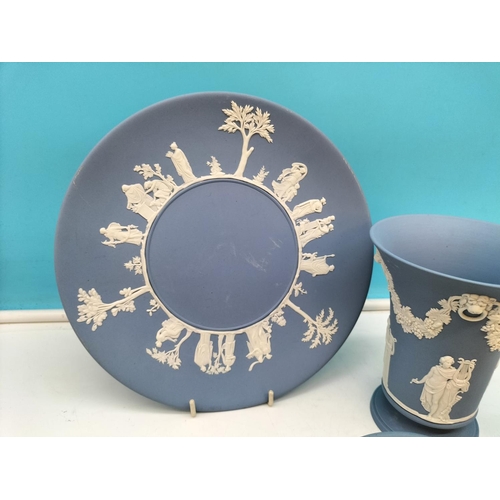 65A - Collection of Wedgwood Jasper Items to include 24cm Plate, Mantel Clock, 14.5cm Trumpet Vase and Tri... 