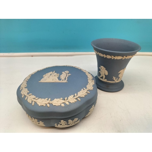 65A - Collection of Wedgwood Jasper Items to include 24cm Plate, Mantel Clock, 14.5cm Trumpet Vase and Tri... 