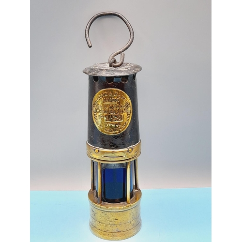 188 - Ackroyd and Best Ltd Miners Lamp with Blue Tinted Glass No 153. 25cm Tall.