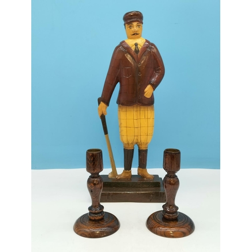 228 - Wooden 40cm Figure of a Cricket Player plus Pair of Wooden 14cm Candlesticks.