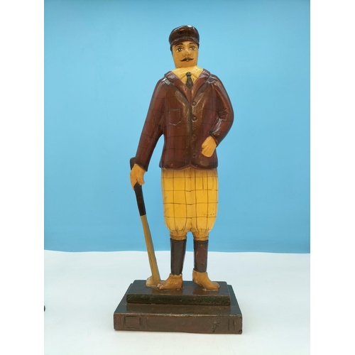 228 - Wooden 40cm Figure of a Cricket Player plus Pair of Wooden 14cm Candlesticks.