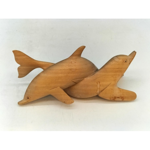 284 - Collection of Wooden Driftwood Figures (5) to include Dolphins and Antelope. Longest 22cm.