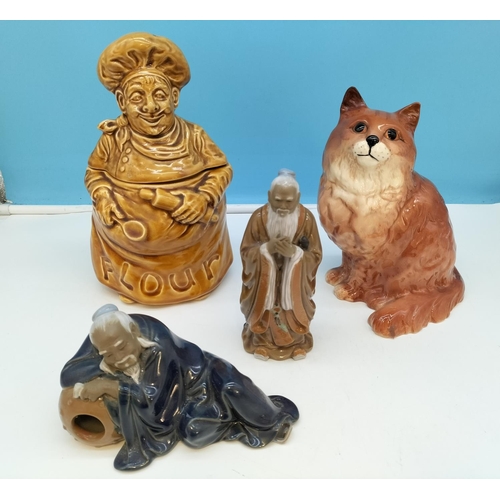 290A - Beswick 22cm Sitting Brown Cat No1867 (Ear Restored), Sadler 'Flour' Jar plus Mud Men Figures (2).