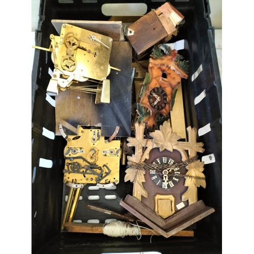 292 - Box of Mixed Clock Parts to include Cuckoo Clock Parts and Brass Mantel Inners.