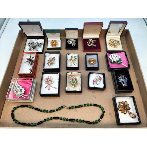 293 - Collection of Boxed Good Condition Coloured Costume Brooches and Green Bead Necklace.