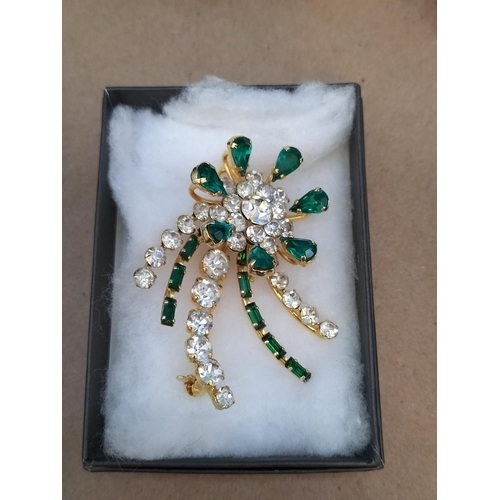 293 - Collection of Boxed Good Condition Coloured Costume Brooches and Green Bead Necklace.