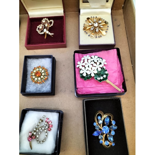 293 - Collection of Boxed Good Condition Coloured Costume Brooches and Green Bead Necklace.