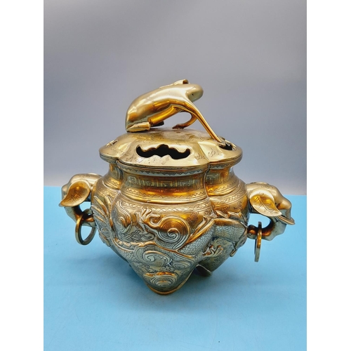 48 - Antique Brass Chinese Censer c1900. 26cm High, 30cm Handle to Handle.