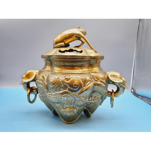 48 - Antique Brass Chinese Censer c1900. 26cm High, 30cm Handle to Handle.