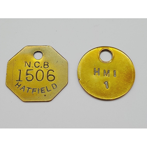 55A - Brass Miners Tokens (2) - H.M.I and Hatfield.