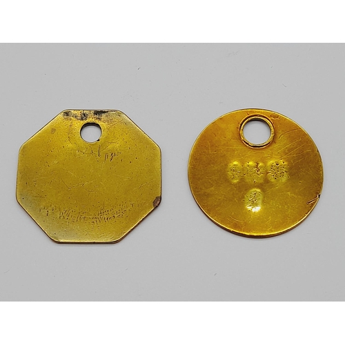 55A - Brass Miners Tokens (2) - H.M.I and Hatfield.