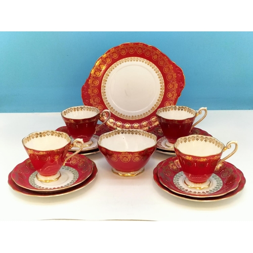 59 - Royal Standard 14 Piece Part Tea Set in Pattern 2007 Carmine Red and Filigree Gold Design. Includes ... 