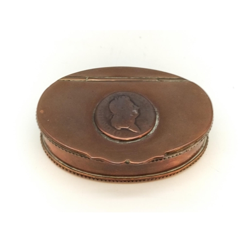 120A - George III Coin Copper Snuff Box, Silver Lined Inner. 2cm High, 8cm x 5.5cm.