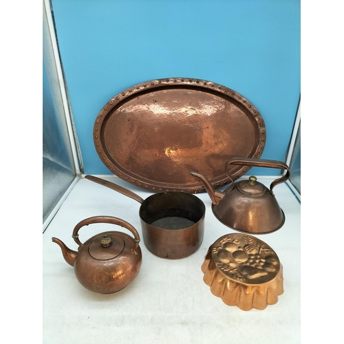 245A - Collection of Copper Ware to include Pan, Jelly Mould, Kettles, Tray (60cm x 40cm A/F).