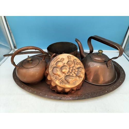 245A - Collection of Copper Ware to include Pan, Jelly Mould, Kettles, Tray (60cm x 40cm A/F).