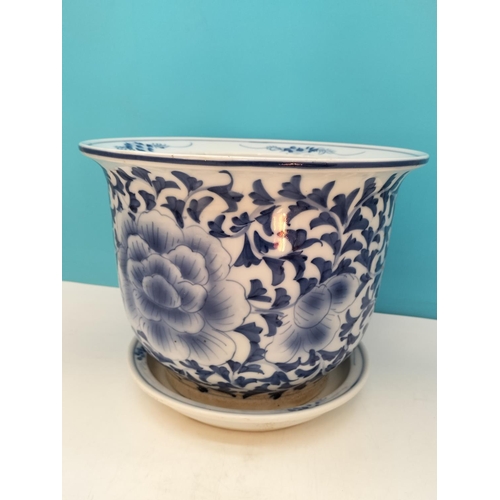 260A - Large Mid Century Blue and White Chinoiserie Planter with Underplate. Planter 24cm High, 31cm Diamet... 