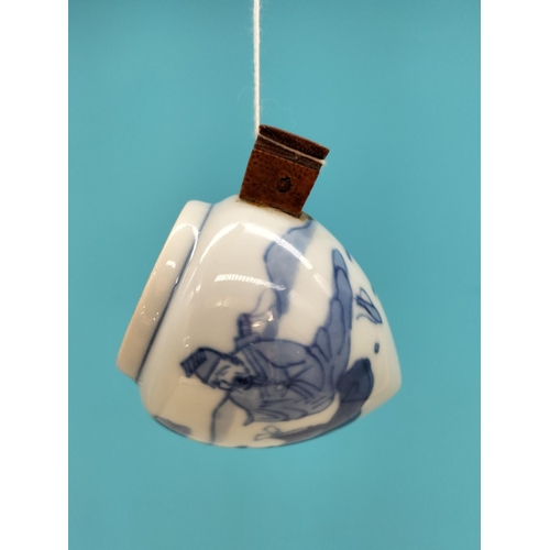 275A - Chinese Blue and White Garden Scene Bird Feeder. 7cm x 8cm.