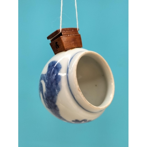 275A - Chinese Blue and White Garden Scene Bird Feeder. 7cm x 8cm.