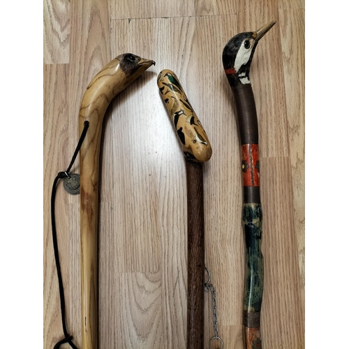 280A - Bird Design Walking Sticks (3) to include Woodpecker and  Bird of Prey. Longest 110cm.