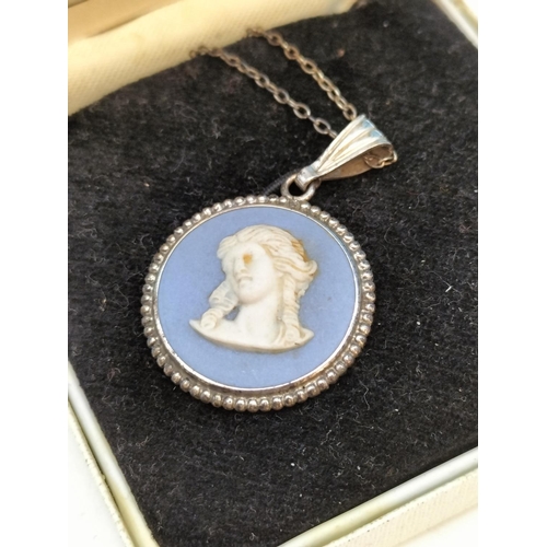 151 - Boxed Wedgwood Silver and Blue Jasper Pendant on 18